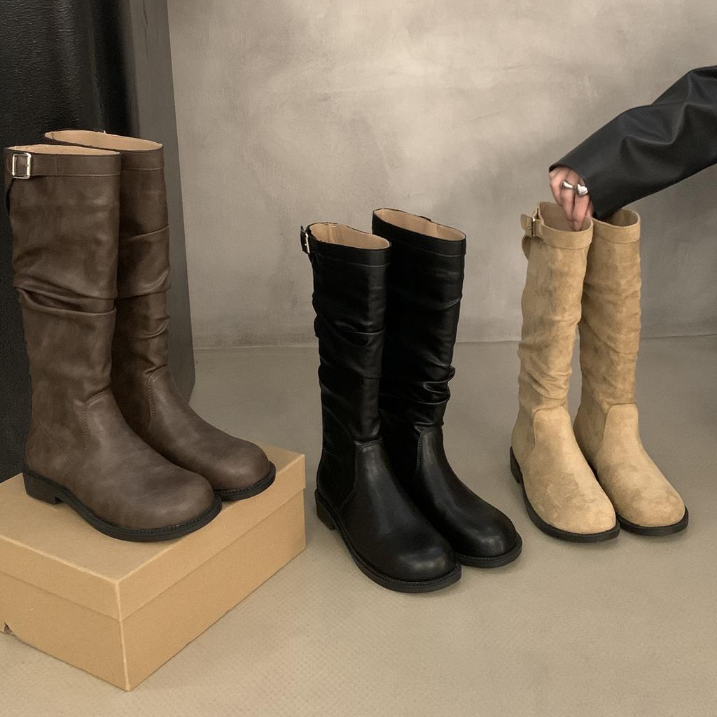 Vintage Khaki Long Women's Boots Thick Heel Tall Knight Boots Skinny Boots Summer Western Cowboy Boots Stacking Boots