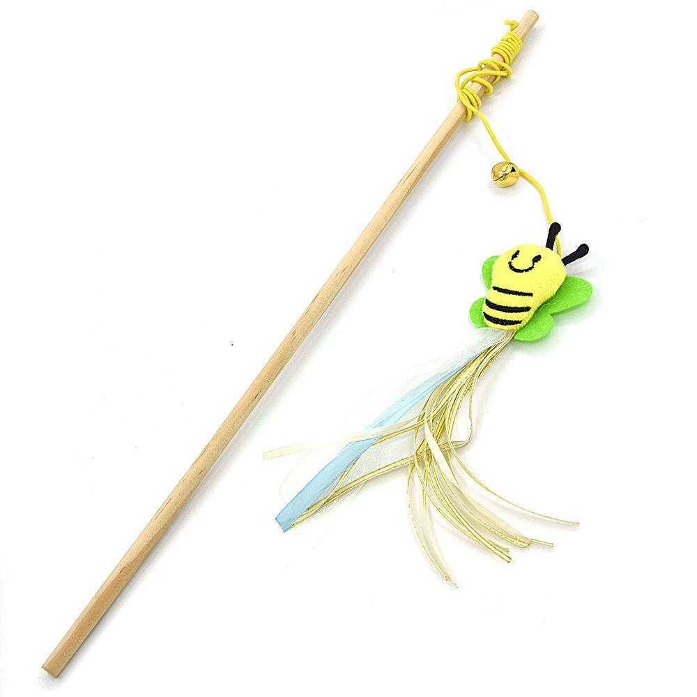 Interactive Gray/White Linen Mouse Cat Wand with Wooden Rod and Handle