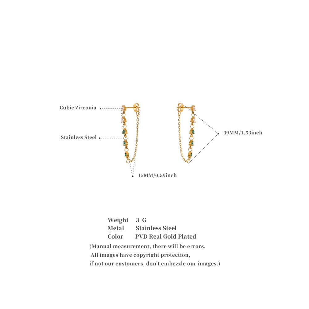 Yhpup New Green White Cubic Zirconia Chain Drop Earrings Gold Color Stainless Steel PVD Plated Chic Fashion Jewelry