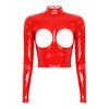 Women's Wetlook Patent Leather Mock Neck Long Sleeve Hollow Out Crop Tops Clubwear