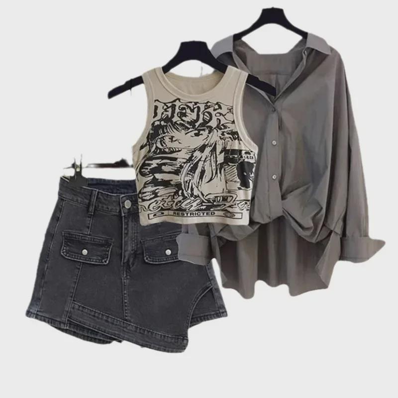 2024 Women's Spring Fashion: Salted Style Three-Piece Set - Printed Shirt, Vest, and Shorts