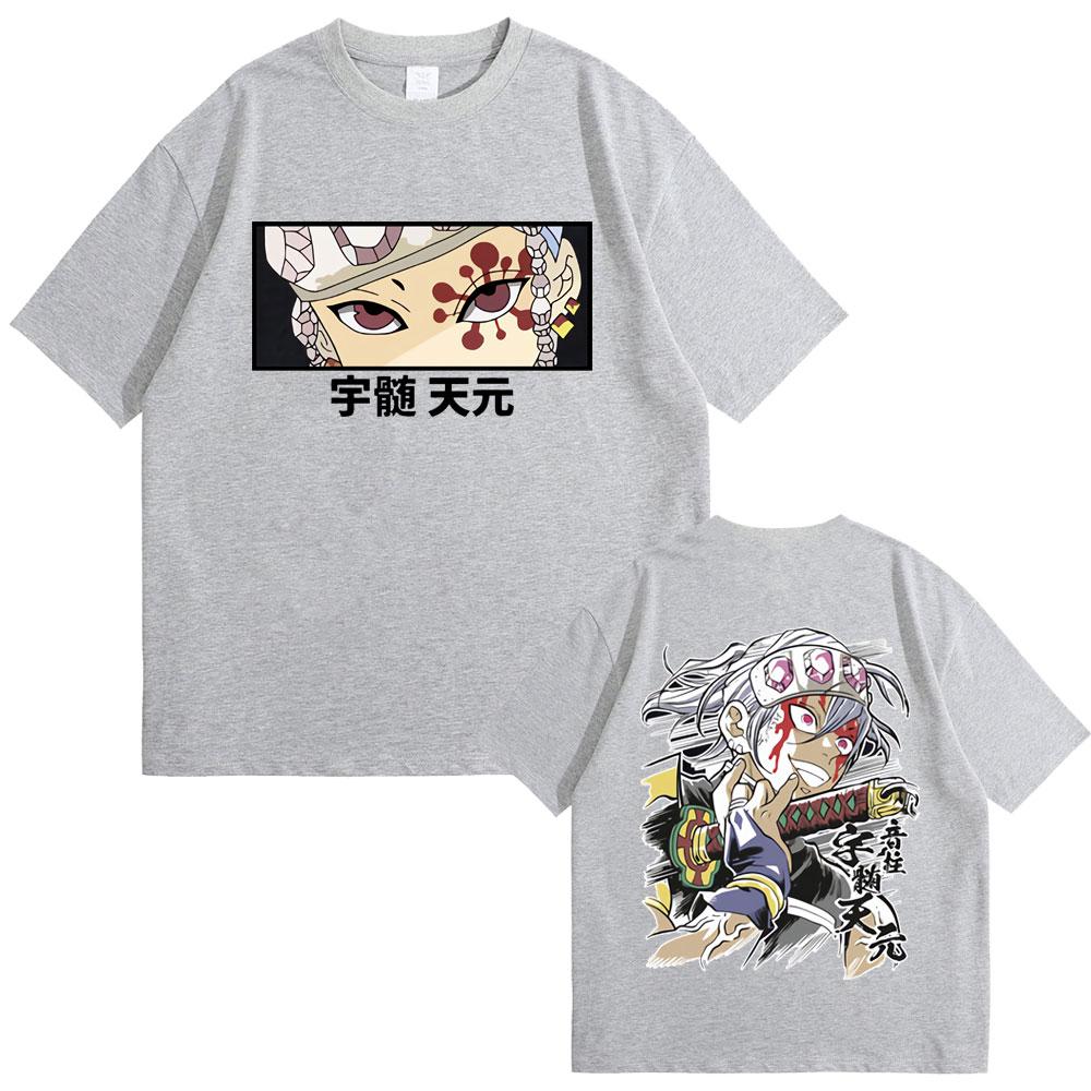 Anime Demon Slayer Uzui Tengen Double Sided Graphic Tshirt Men Women Casual Oversized Crewneck T-shirt Male Vintage Streetwear
