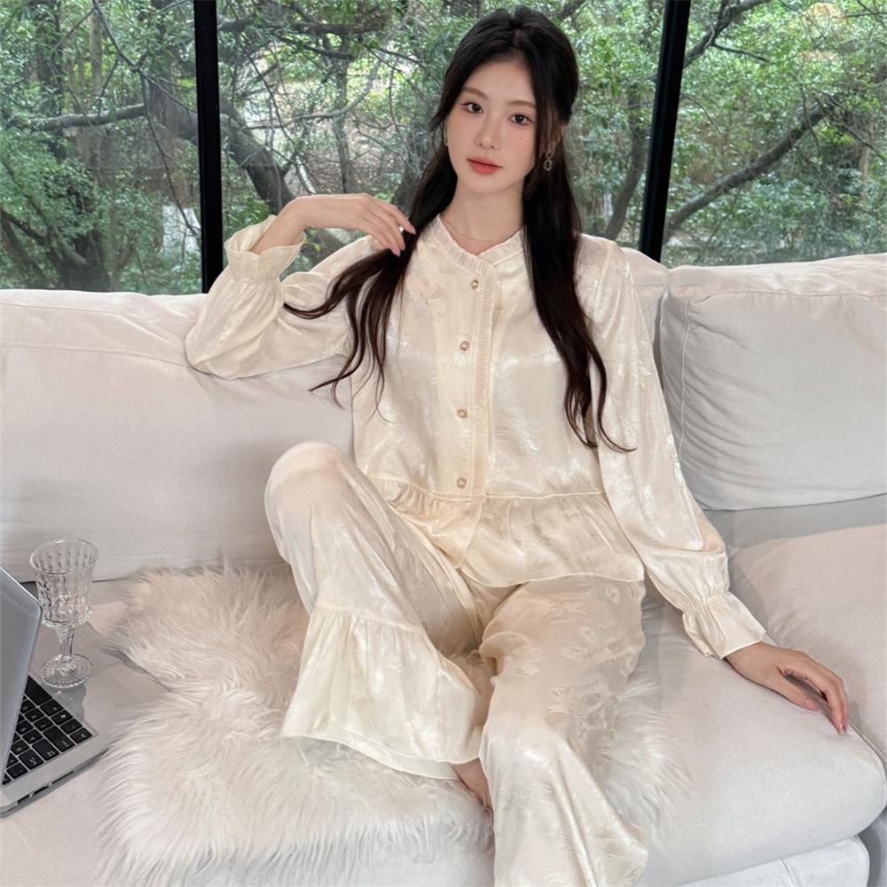 Ice silk pajamas women's spring and autumn new long-sleeved trousers two-piece set of national style casual cardigan loungewear