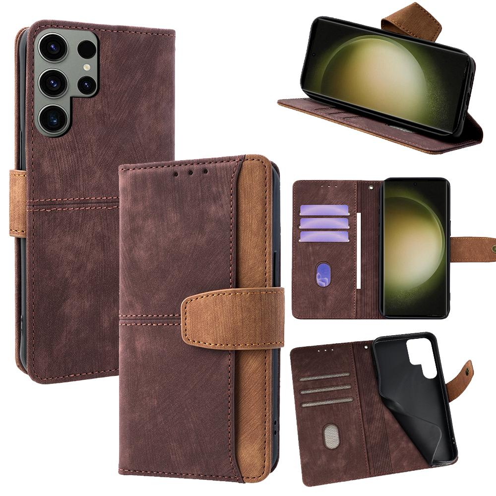 

For Samsung Galaxy S23 Ultra Case RFID Blocking Color Splicing PU Leather Wallet Phone Cover Brown