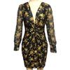 Tief ausgeschnittenes Netz-Langarm-Kleid mit hoher Taille, Hüftumschlag, Chiffon, lebendiger Blumendruck, Taillenknoten, Bodycon-Kleid, Partykleidung