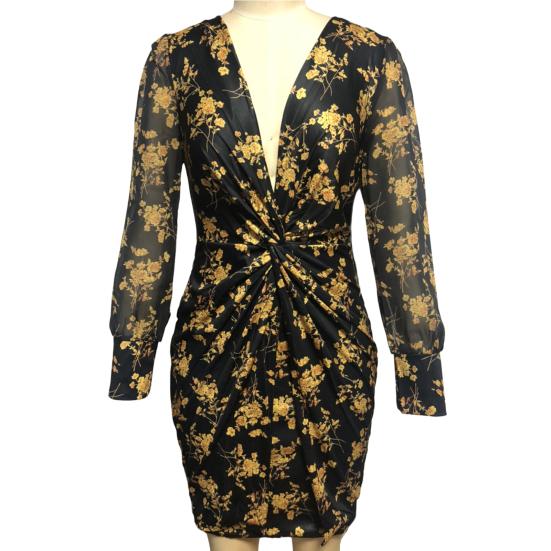 Tief ausgeschnittenes Netz-Langarm-Kleid mit hoher Taille, Hüftumschlag, Chiffon, lebendiger Blumendruck, Taillenknoten, Bodycon-Kleid, Partykleidung