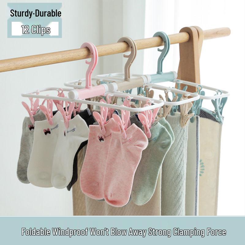 Foldable Windproof Clothes Drying Rack with 12 Clips for Socks - Ideal for Dorms, Students, and Families