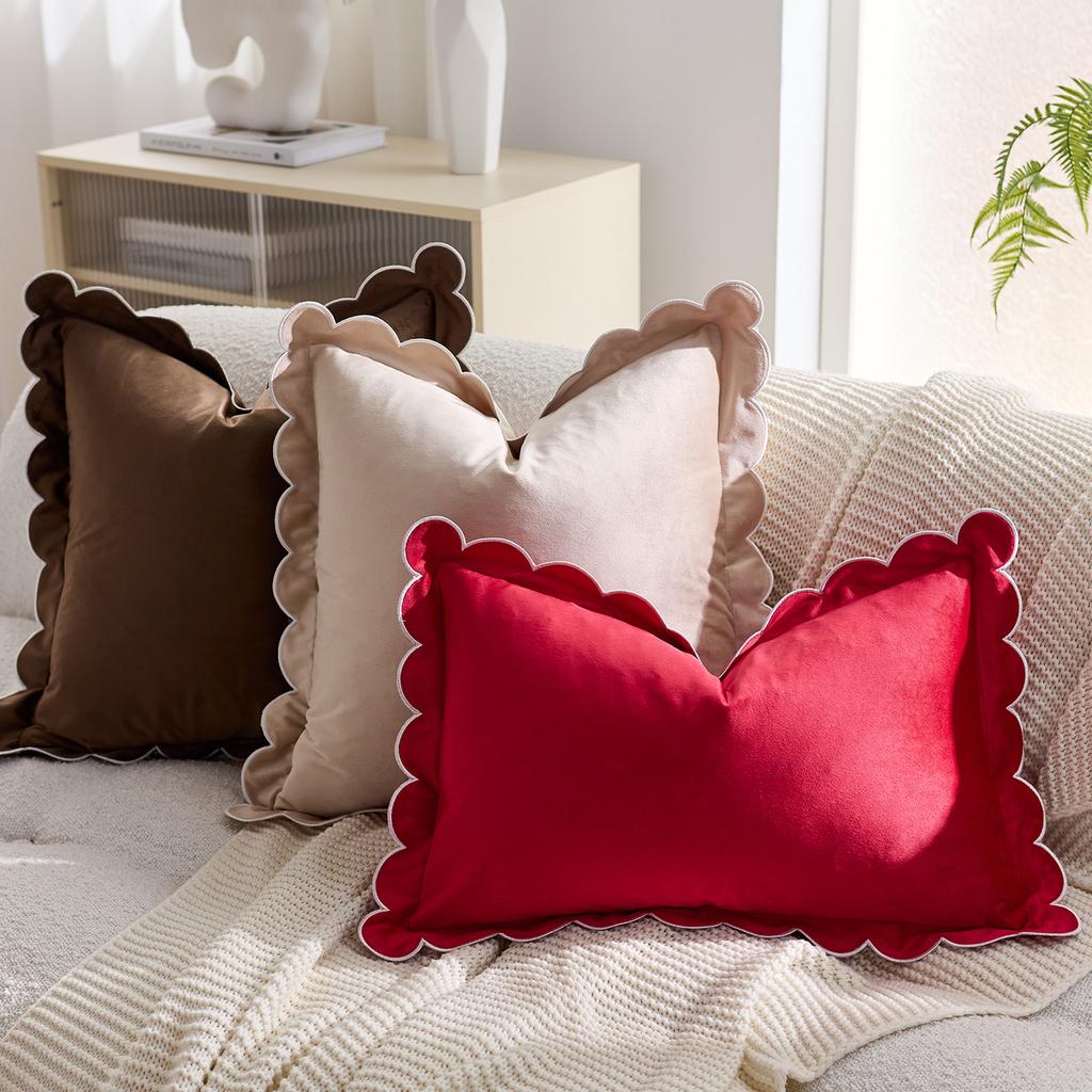 Solid Velvet Cushion Cover With Wave Fringed Navy Red Green Pink Brown Grey