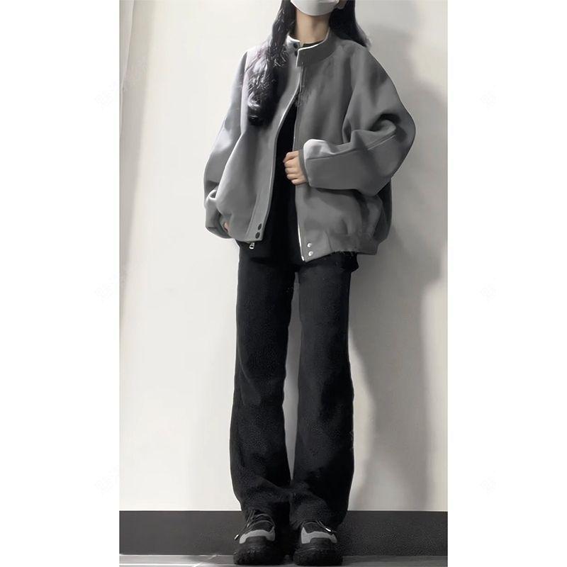 Women Retro Faux Suede Jacket Stand Collar Zip Up Loose Solid Gray Casual Vintage Outerwear For Spring Autumn
