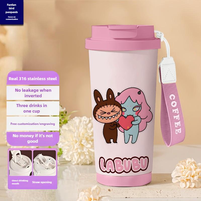 Tecknad Rostfri Stålkopp Högvärdig Termosmugg 3D Dubbel Drickstrå Kaffekopp