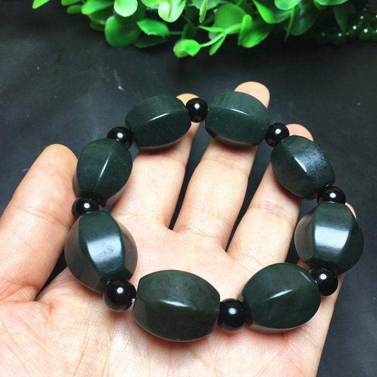Natural Hetian Jade Bracelet, Green Black Obsidian Gemstone Beads, Faceted Prism Shape Crystal Stone Handmade Jewelry for Men Women