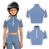 Kids Girls Color-block Equestrian Shirt Zip-up Stand Collar Short Sleeve Athletic Tops for Horse Riding Running Golf Tennis Practice