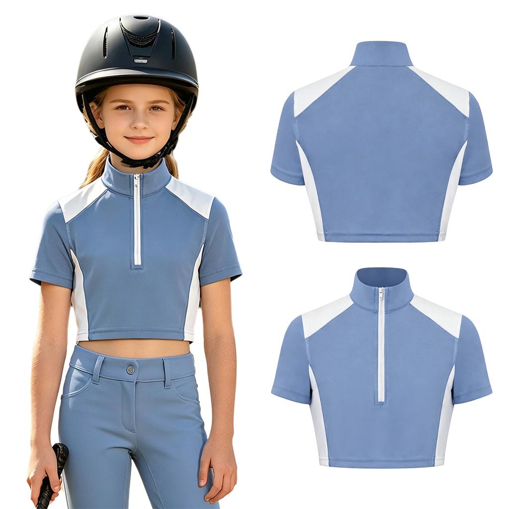 Kids Girls Color-block Equestrian Shirt Zip-up Stand Collar Short Sleeve Athletic Tops for Horse Riding Running Golf Tennis Practice