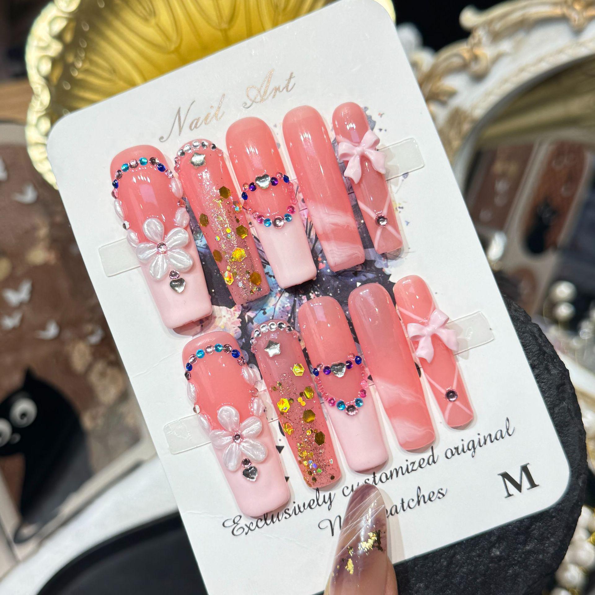 

Handmade 3D Bow Heart Nails with Colorful Rhinestones & Flowers - Long, Luxurious, Skin-Whitening Nail Art Stickers Extra Small
