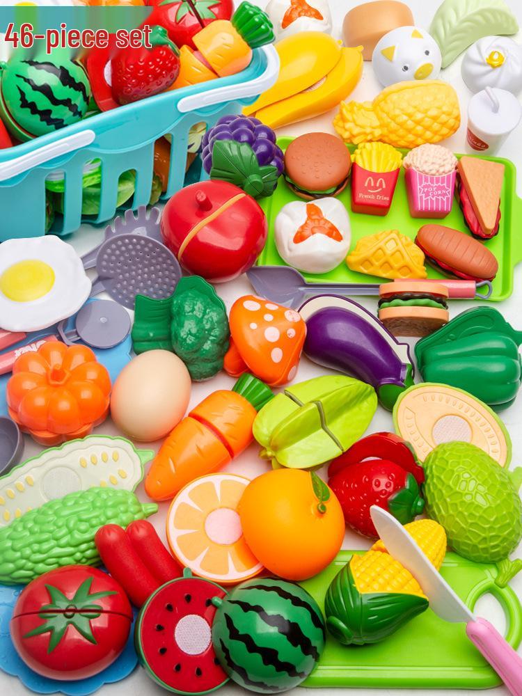 Kids' Pretend Play Kitchen & Shopping Cart Set with Cuttable Fruit and Veggies