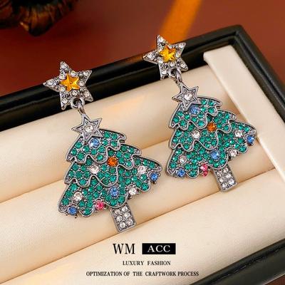 Vintage Rhinestone Star Christmas Tree Stud Earrings - Exquisite High-End Light Luxury Jewelry
