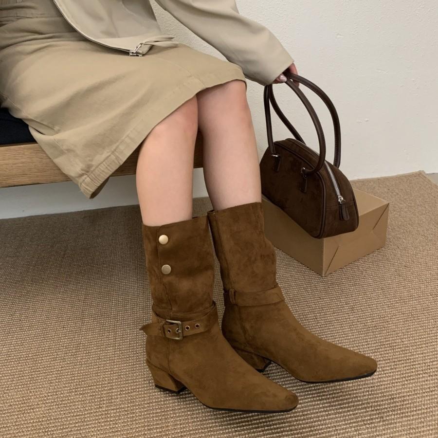 2025 new niche design sense two wear pile knight boots square head thick heel fashion boots wasteland wind western boots women