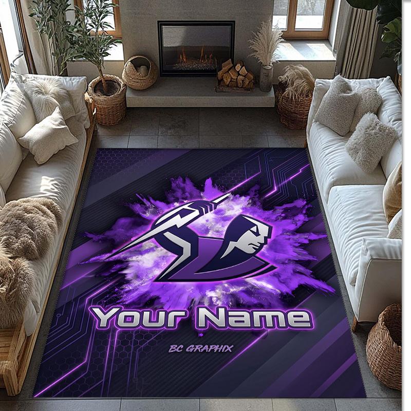 Melbourne Storm Crystal Velvet Rug, Custom Name Text Personalized Non‑Slip Floor Mat for Home Decor Gift