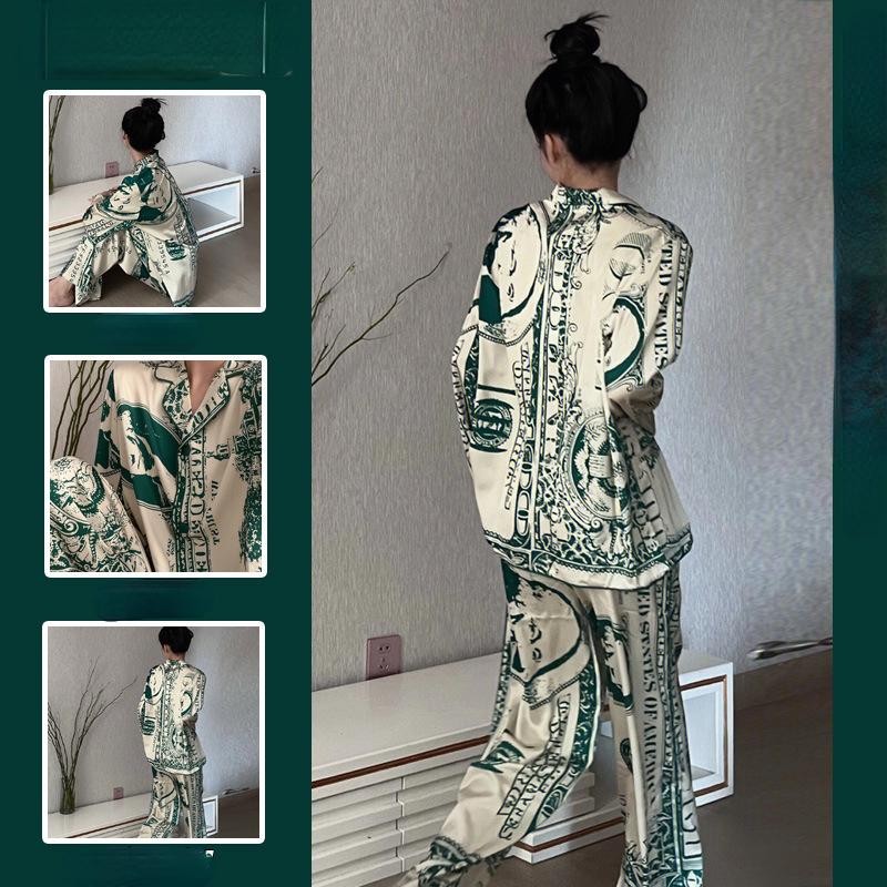 Women's Lingerie Pajamas Set Two-piece Silk Pajamas Long-sleeved Cardigan Trousers Printed Home Clothes Warm Season and Autumn Pajamas