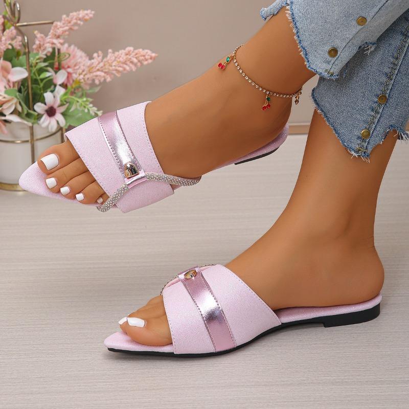 Fashion Women's Stylish Pointed Open-toed Metal Buckle Sequined Soft-soled Sandals with Low Heels and Comfortable Elegant Flat Flats