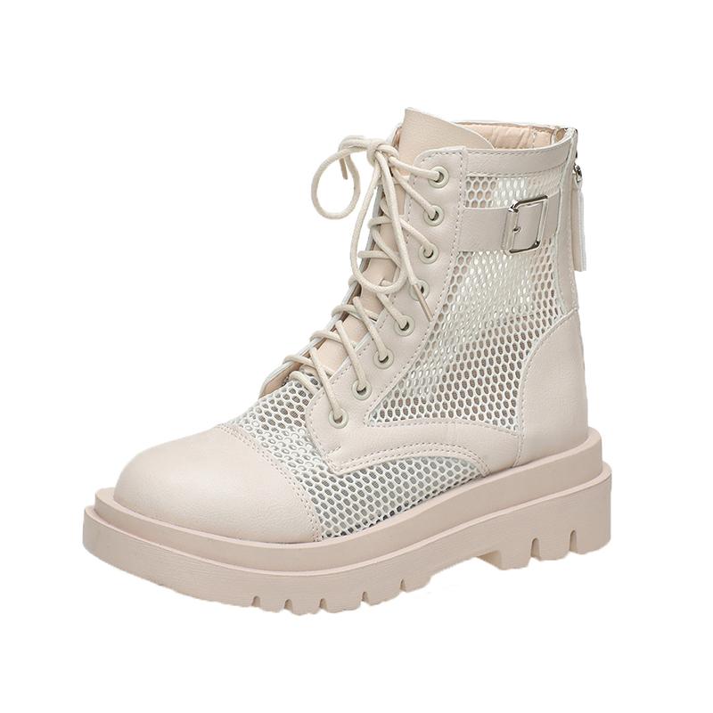 Summer New Women's Ankle Boots Breathable Mesh Lace-up Chunky Platform Style Belt Buckle Back Zipper Sandals for Ladies