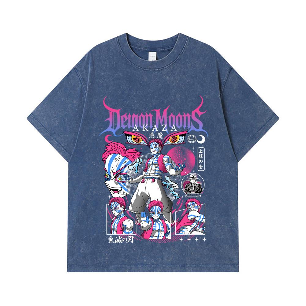 275 GSM Washed T-shirts 100% Cotton Demon Slayer V31 Akaza Print Unisex Heavy Cotton T Shirt
