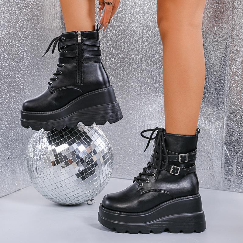 Fashion Gothic Punk Platform Boots for Women Fashion Double Buckle Wedge High Heel Ankle Boots Woman Thick Bottom Black Combat Booties
