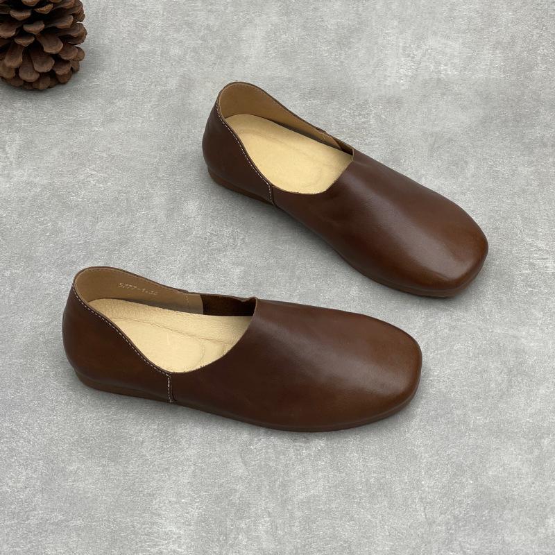 

Johnature Retro Soft Soled Genuine Leather Loafers Square Toe Soft Cowhide Comfortable Women s Slip-on Shoes 35 кофейный