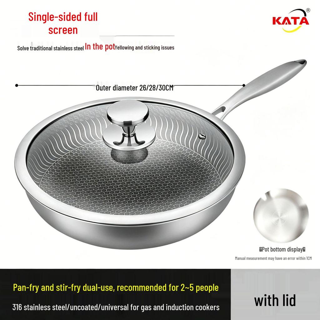 316L Stainless Steel Frying Pan for Home Use, Flat Bottom, Non-Coated, Ideal for Steak and Fried Eggs, Compatible with Induction and Gas Stoves