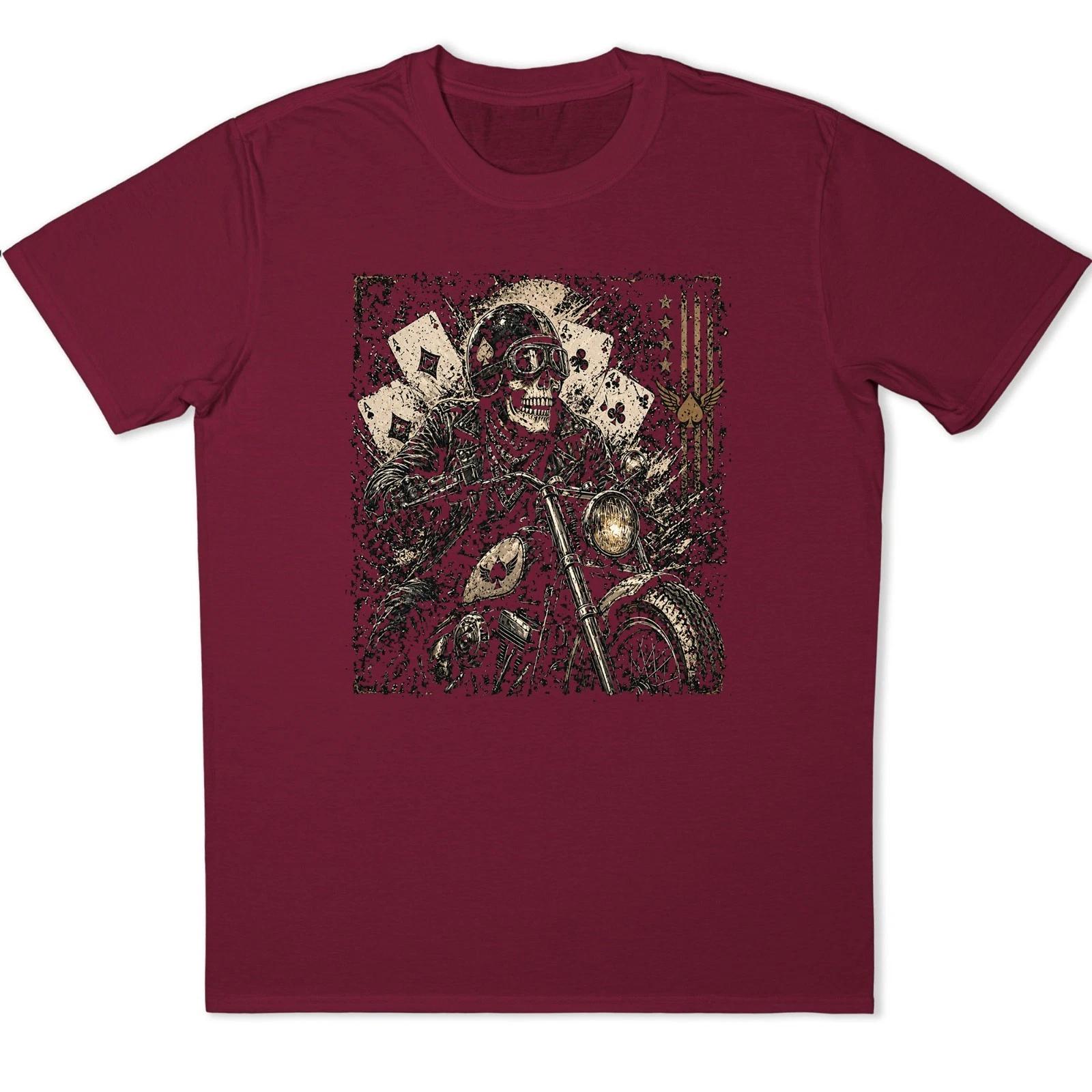 Skull Biker T Shirt Skeleton Rider Motorcycle Poker Aces Cards Vintage Tee 6 4XL