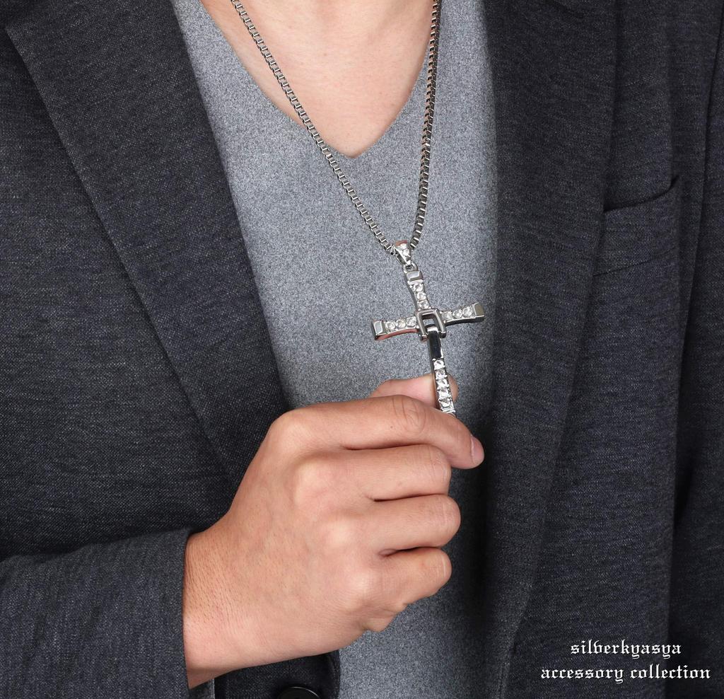 SilverKYASYA 316L Cross Necklace Zirconia Cross Necklace Rosary Necklace Stainless Steel Long Large Cross Men's