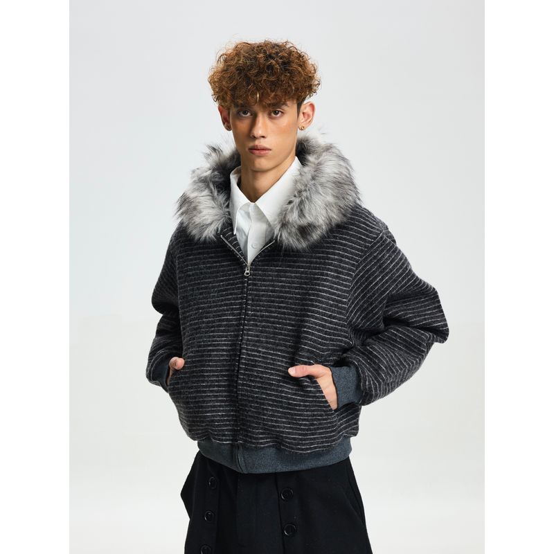 Cabbage Coke American Retro Knit Sweater with Fur Collar Jacket for Men and Women, High-End Casual Niche Striped Sweatshirt for Couples