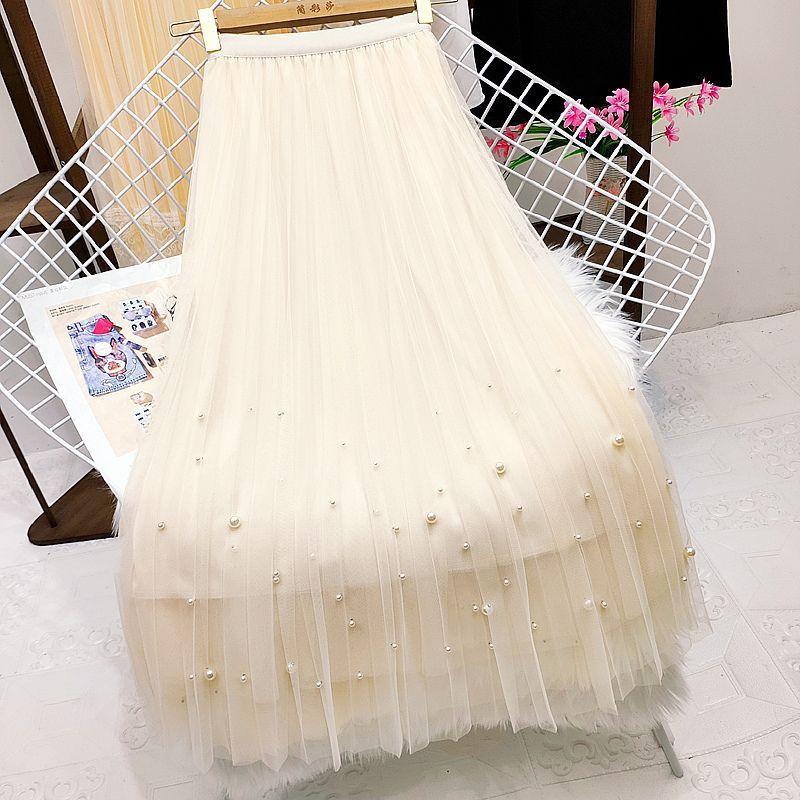 Fashionable Heavy Beading Mesh Skirt Women's High-waisted Maxi A-line Skirts