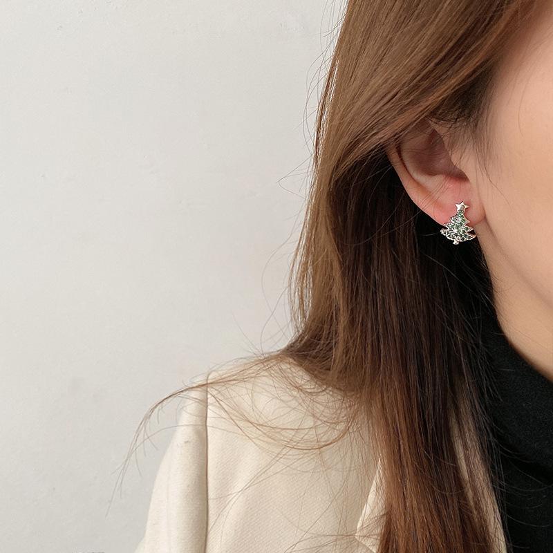 Korean Style Christmas Tree Earrings for Women - New Year Theme, High-End Niche Silver Studs