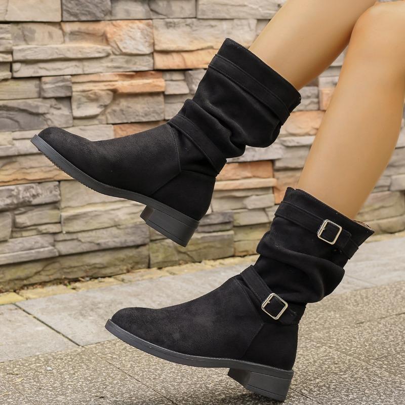 Block Heel Suede Mid-Tube Boots Women's Autumn New Pointed Toe Metal Buckle Soft Slip Stack Boots