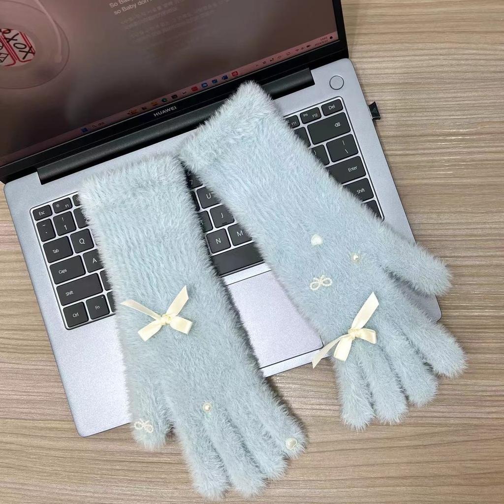 New Plush Gloves with Cute Bows Thickened Warm Knitted Gloves Winter Touch Screen Gloves Imitation Mink Fur