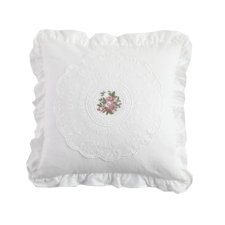 French-style Vintage Lace Embroidered Washed Cotton Lumbar Pillow White Ruffled Decorative Throw Cushion Plants Flowers Pattern