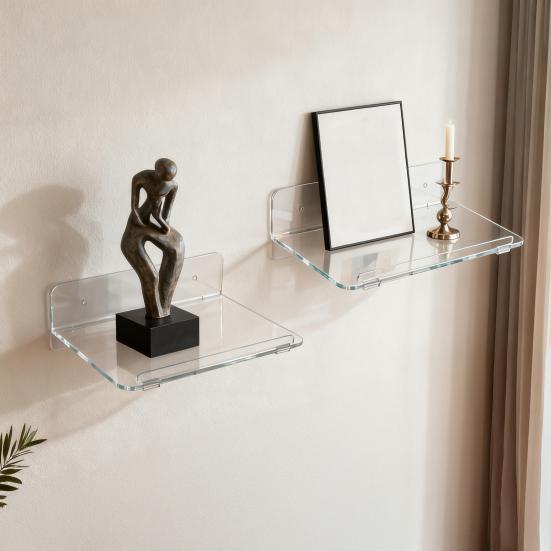 2Pcs Acrylic Floating Wall Shelves Transparent Wall Shelves Adhesive or Screw Installation Display Shelves for Speaker Plant Pot Figures