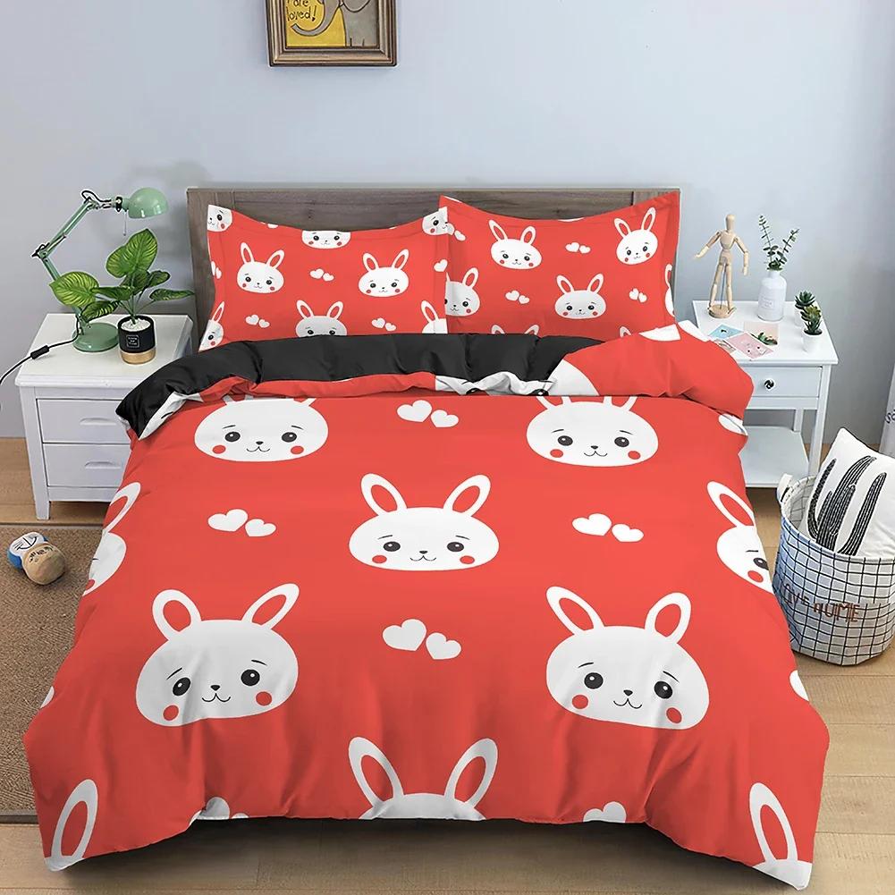 Cute Rabbit Print Comfortable Duvet Quilt Cover Pillowcase Bedding Set Children Bedroom Decoration Home Textile