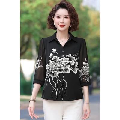 Women's White Blouse Half Sleeve Collared Black Floral Pattern Sheer Casual Top