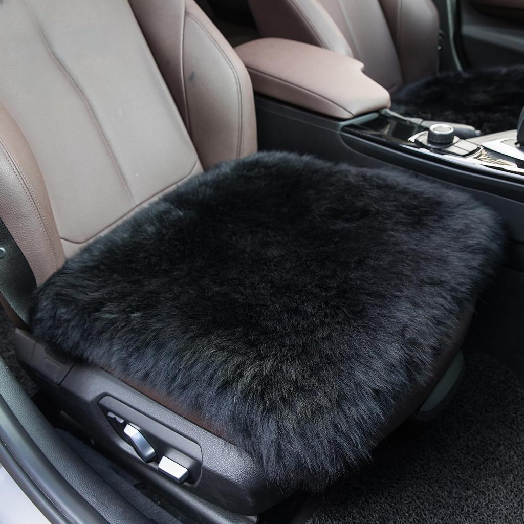 Winter Warmth: Universal Sheepskin Seat Cushion Cover - Natural Wool, For Cars, Trucks, SUVs & Vans - Cozy & Stylish Driving Companion Front Black