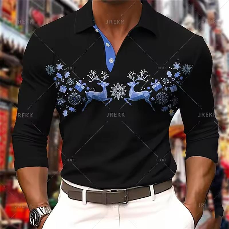 Essential! Christmas Print Long Sleeve Polo, Stylish Casual Top