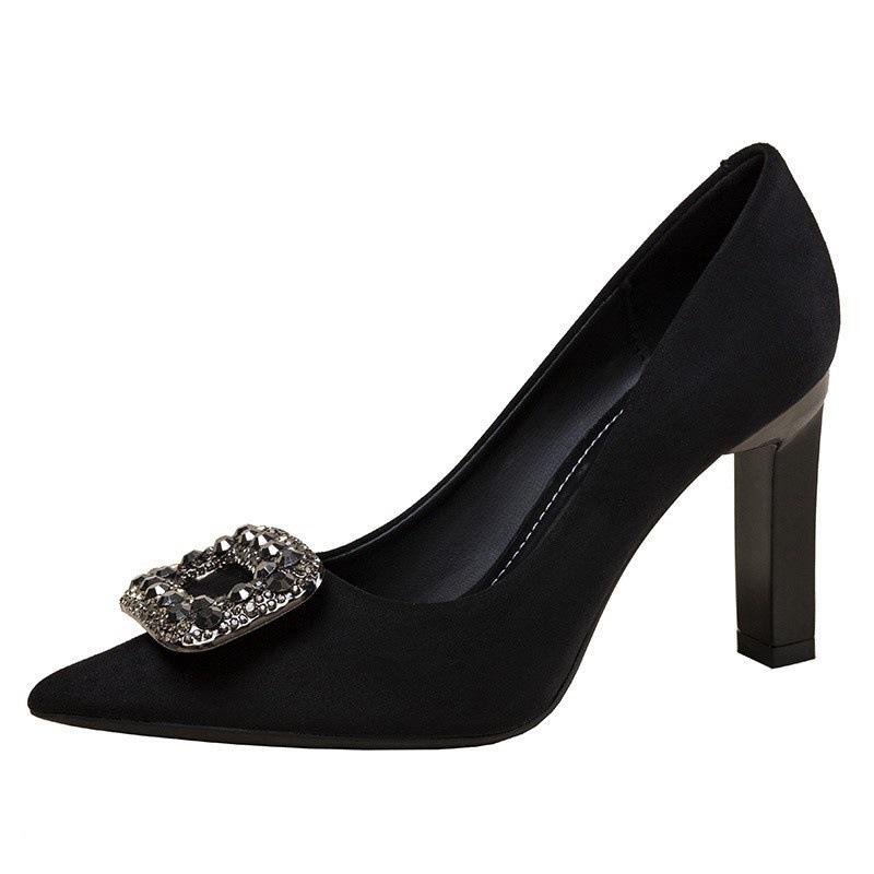 Temperament professional black super high heels women's 2025 new pointed rhinestone high sense commuter work thick heel single shoes