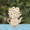 Hollow Base Decor Wooden Teapot Shape Flower Holder, Natural Wood Floral Display Stand, DIY Home Soft Furnishing Blank Vase for Artificial Arrangement