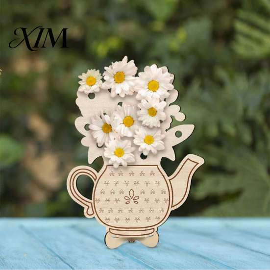 Hollow Base Decor Wooden Teapot Shape Flower Holder, Natural Wood Floral Display Stand, DIY Home Soft Furnishing Blank Vase for Artificial Arrangement
