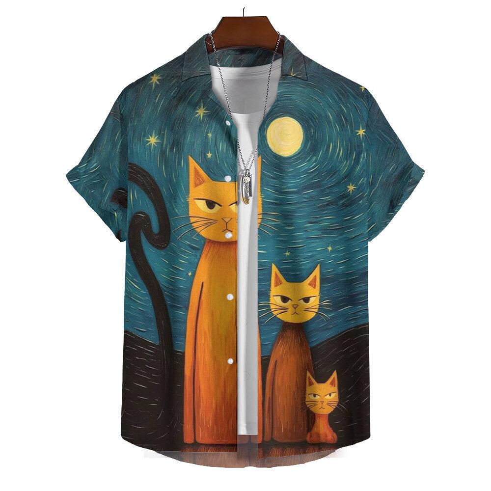 Summer Men's Printed Short Sleeve Shirt Oil Painting Starry Sky Cartoon Cat Print Street Daily Casual Oversized Tops SIZE S-5XL