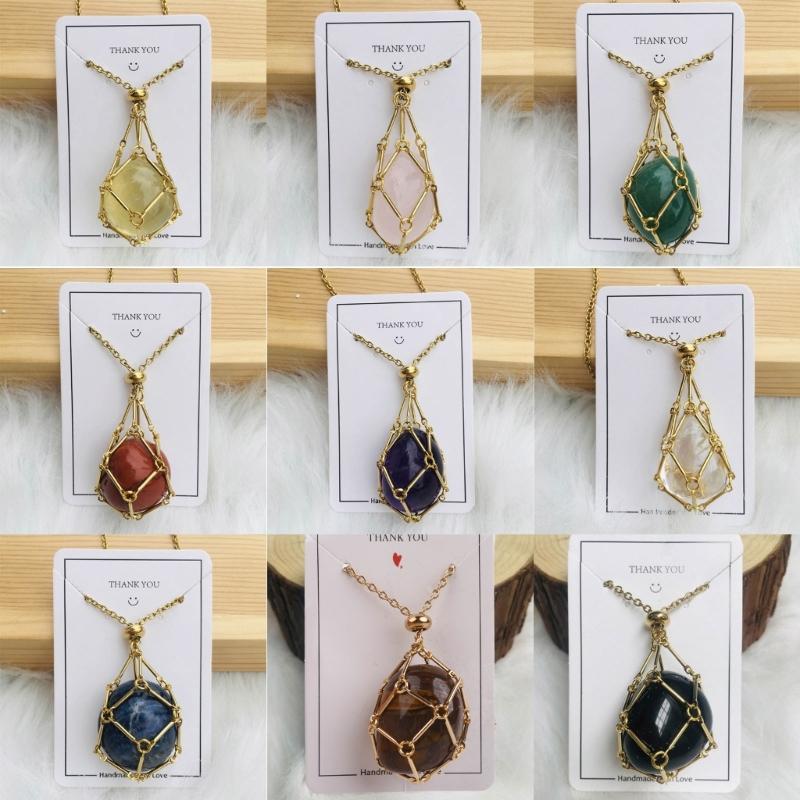 Handgjord Justerbar Kristallbur Halsband Natursten Nät Hållare Hänge Halskedja Snyggt Halsband Elegant Accessoar