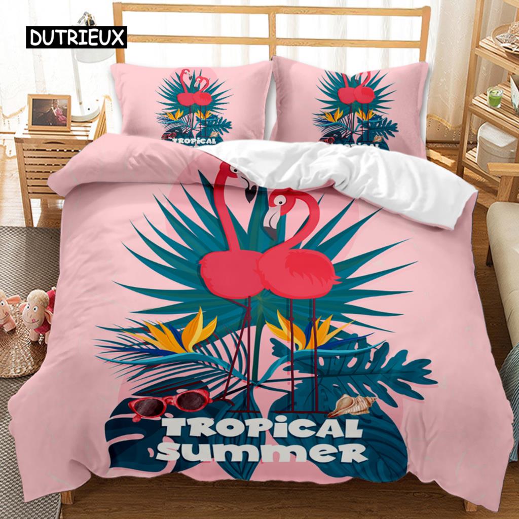 Flamingo Duvet Cover Couple Flamingo Palm Leaf Twin Bedding Set Tropical Botanical Leaves Summer King Size Polyester Quilt Cover