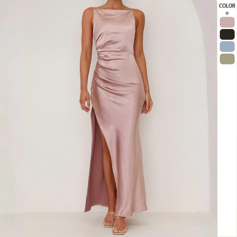 Vestido de Alça Liso Sem Mangas Plissado com Fenda Alta 2026 Verão Elegante Bodycon Vestidos de Festa Costas Abertas Feminino Baile de Formatura Noite Cor Sólida Roupa