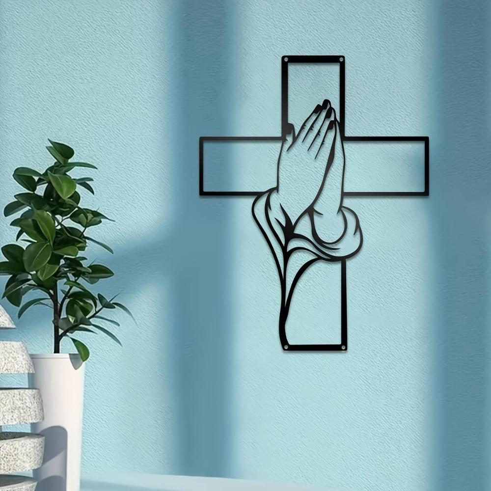 Praying Hands Iron Wall Cross Modern Religious Metal Decor Living Room Artwork Housewarming Gift Home Spiritual Minimalist Sculpture